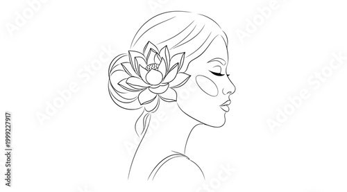 Line art illustration of a beautiful woman in profile with a lotus flower in her hair