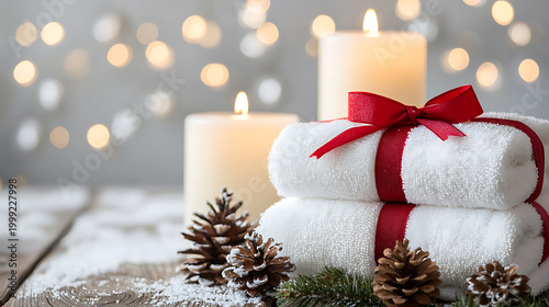 Cozy Christmas spa gift set with candles and pinecones.