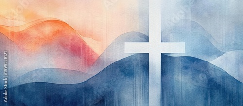 White cross rising over layered watercolor blue and orange mountains at sunrise, serene and hopeful
