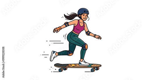 Teen girl wearing protective gear rides skateboard quickly on pavement outdoors