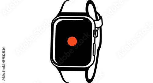 Smartwatch with orange dot on screen.