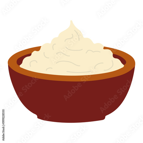 Sour cream or yogurt in a brown bowl flat vector illustration