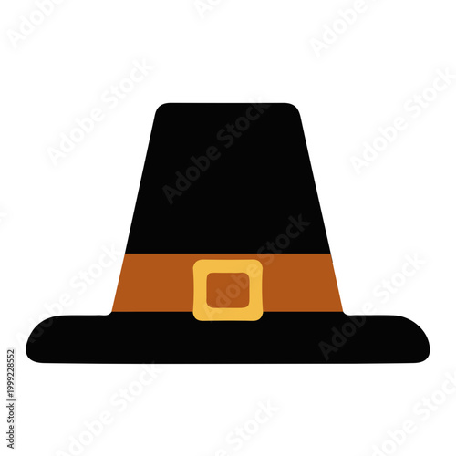 Black pilgrim hat with brown band and gold buckle illustration