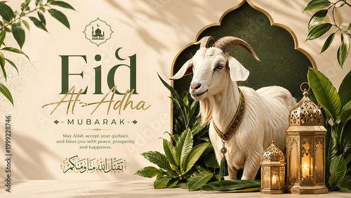 A majestic white goat with large horns stands proudly amidst lush greenery and ornate lanterns, celebrating the spirit of Eid Al-Adha.