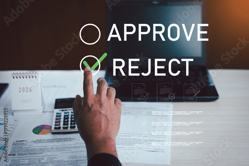 Φωτογραφία Business approval and rejection decision concept with hand selecting approve option on virtual interface, laptop and documents on desk