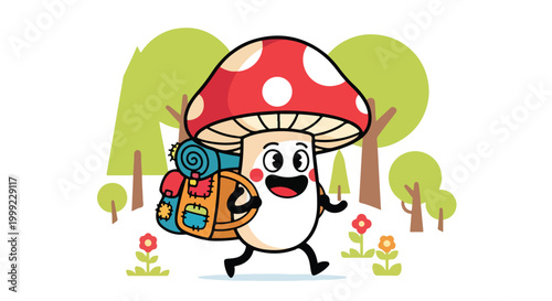 A cartoon mushroom character carrying a backpack