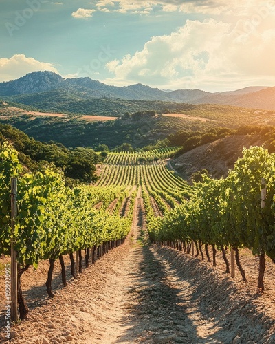 Sunlit vineyard rows stretching between green grapevines toward rolling hills and distant mountains under a blue sky with clouds, peaceful golden late afternoon atmosphere