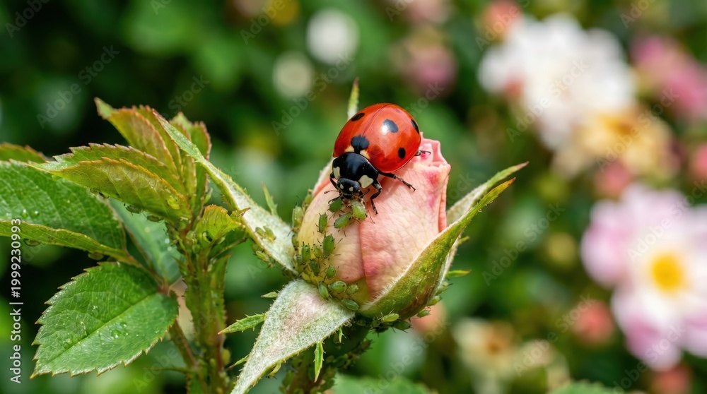 Obraz premium Ladybug feeding on rose bud covered with aphids
