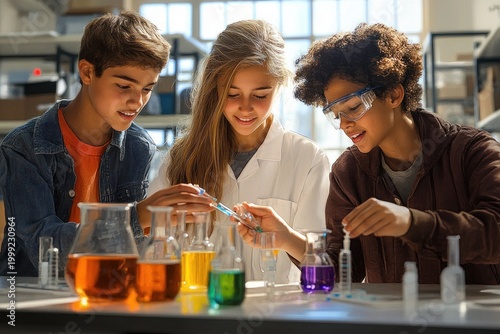 Three students working together in a bright science lab, mixing colorful liquids in beakers and flasks with pipettes, focused and curious during a hands-on chemistry experiment