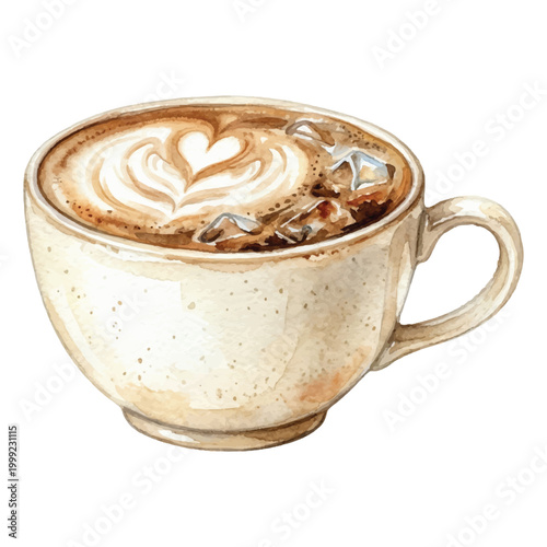 Watercolor Iced Coffee in Cream Beige Vintage Cup with Creamy Foam Art Side View
