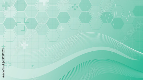 Teal medical abstract background with hexagon grid waveform and healthcare symbols design