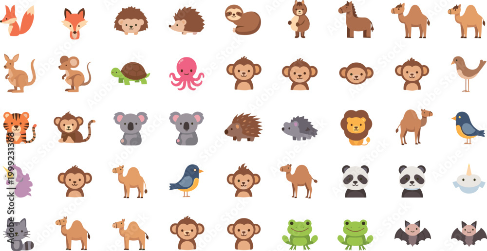 Fototapeta premium Cute Cartoon Animal Icons Collection Featuring Fox Hedgehog Sloth Camel Monkey Koala Panda Frog and More in Simple Flat Vector Illustration Set.
