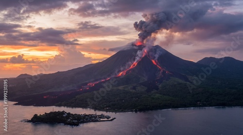 Majestic Volcanic Eruption at Sunset Over a Coastal Island