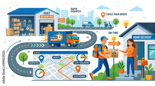 Comprehensive logistics and e-commerce delivery workflow illustration, detailing the journey from fast warehouse dispatch and real-time tracking to efficient home delivery