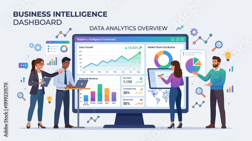 Business team collaborating around a digital dashboard, analyzing complex data visualizations for strategic insights and informed decision-making