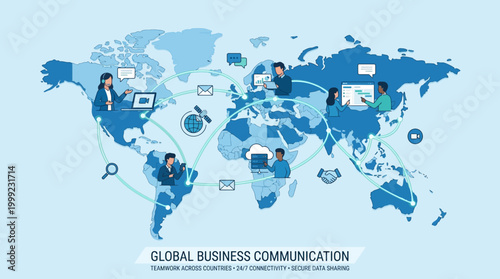 Global business professionals communicate on a world map with various digital icons