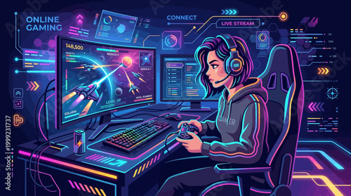 A young gamer wearing a headset sits in a chair playing video games on a computer with multiple screens in a dark room.