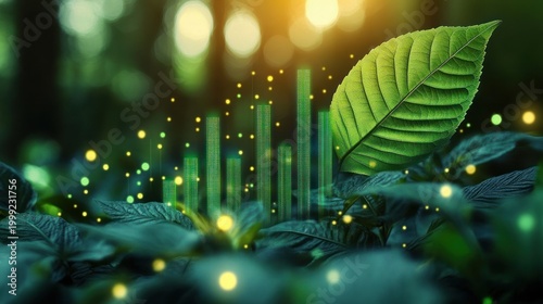 vibrant green leaf above forest floor with glowing firefly lights and holographic green bar graph rising, serene hopeful fusion of nature and technology
