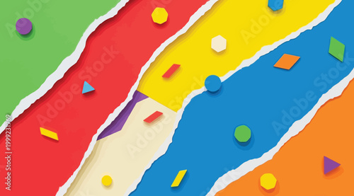 Abstract background with colorful torn paper layers and geometric shapes