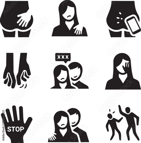 Addressing Abuse: Symbolism in the Shadows. A stark collection of icons speaks volumes about various forms of abuse, offering visual representations of the harsh realities.