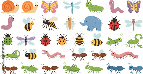 Cute Cartoon Insects and Bugs Collection Featuring Butterfly Bee Ant Caterpillar Ladybug Dragonfly Grasshopper Snail and Worm in Colorful Vector Illustration.
