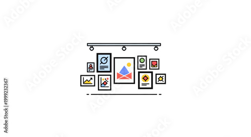 Hanging colorful picture frames on rail.