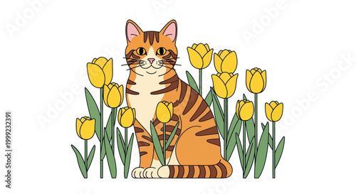 Cute tabby cat sitting among yellow tulips, isolated on white background
