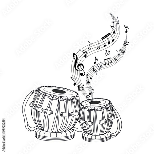 Indian Tabla Drums with Musical Notes - Traditional Percussion Instrument