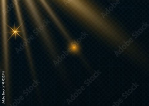 Golden light rays emanating from the upper left with a starburst and bokeh on a dark starburst emanating transparent