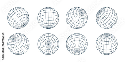 3d spheres globe. Linear globe grid in different angles.