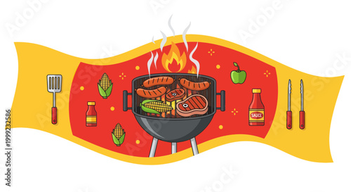 Summer BBQ Grill Party Food: Sausages, Steak, Corn, Peppers, Ketchup, Utensils