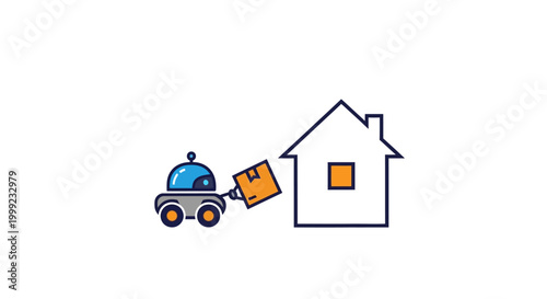Robot delivering package to house.