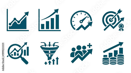 Collection of business growth icons illustrating data analysis, performance metrics, and goals