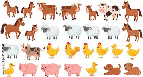 Farm Animals Cartoon Collection Featuring Horse Cow Sheep Chicken Duck Pig and Dog in Cute Rural Livestock Vector Illustration.