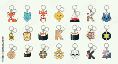 A collection of 18 keychains with various designs