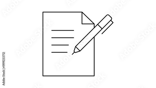 Minimalist Black Line Vector Icon of a Pen Writing on a Paper Document, Representing Content Marketing, Copywriting, and Blogging. Clean Scalable Illustration with Editable Stroke and Outline.