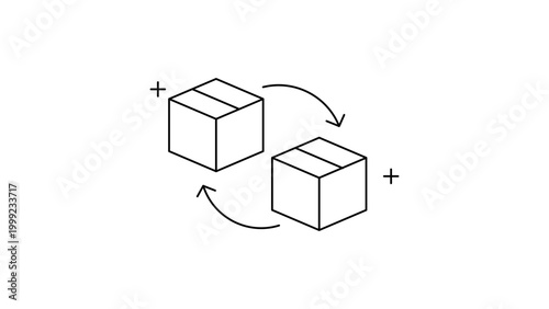 Bild auf Leinwand Cross-selling and Product Suggestion Minimalist Black Line Vector Icon with Editable Stroke; Two Shipping Boxes with Exchange Arrows for E-commerce, Logistics, and Retail Marketing Illustration