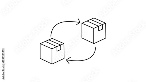 Photos Minimalist Black Line Vector Icon of Two Cardboard Boxes with Circular Arrows Representing Cross-sell Suggestions, Product Exchange, or Replacement with Editable Stroke on White Background