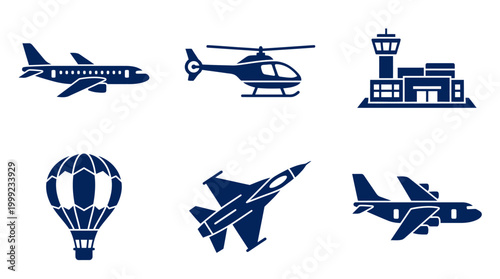 Various aircraft and airport elements depicted in a clean, minimalist style for aviation themes