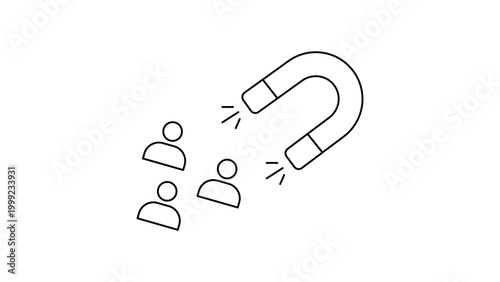 Lead Generation and Customer Acquisition Concept: Minimalist Black Line Vector Icon of a Magnet Attracting People, Hand-Drawn Style with Editable Stroke on White Background for Marketing Design.