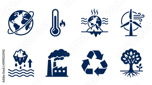 Icons representing environmental issues, including climate change, pollution, and sustainability