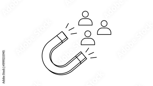 Lead Generation and Customer Attraction Marketing Concept, Minimalist Black Line Vector Icon of a Magnet Attracting People, Editable Stroke Illustration on White Background for Business.