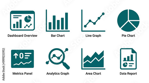 Collection of various data visualization icons including charts and reports for analytics use
