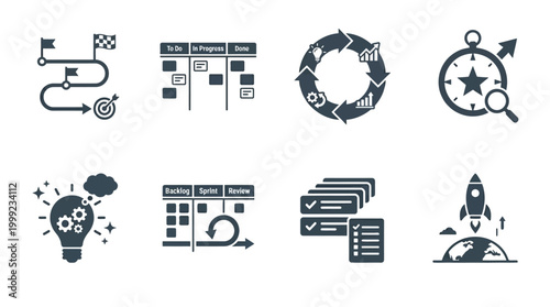 Icons representing project management processes and productivity tools in a modern workspace