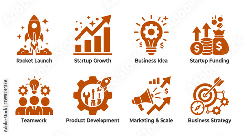Collection of icons representing business concepts like growth, teamwork, and strategy