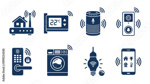 Smart Home Devices Illustrations of Wi-Fi enabled gadgets including thermostat, speakers, and security