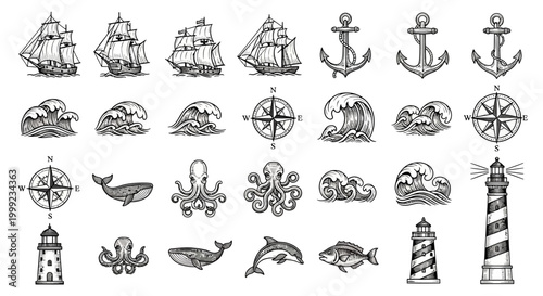 Nautical icons and sea creatures collection.