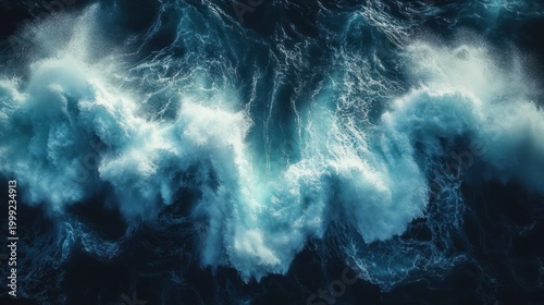 aerial view of dark turbulent ocean waves crashing with frothy white foam conveying raw power and dramatic intensity