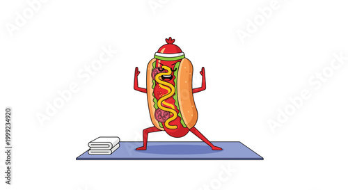 Funny cartoon hot dog character wearing a headband performing a yoga pose on a blue mat with folded white towels nearby for fitness.