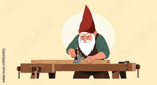 Bearded garden gnome woodworker wearing a tall red hat working diligently at a wooden workbench using a hand plane tool for carpentry.